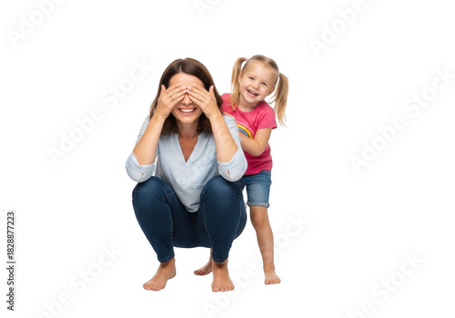 Mother and daughter playing peek-a-boo, isolated on transparent background