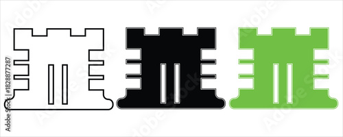 Three stylized rook chess pieces or castle towers, isolated on