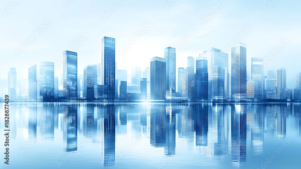 Obraz premium Blue cityscape skyline reflection modern architecture urban buildings business district background wallpaper