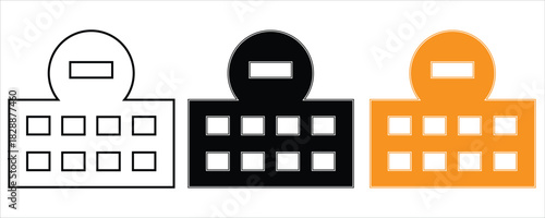 Three simple building icons in outline, black, and orange, isolated on
