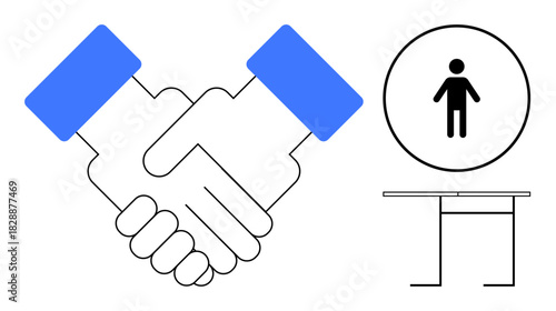 Handshake representing partnership, circular icon with person symbolizing individuality, and a simple desk. Ideal for business, collaboration, teamwork, leadership, negotiation, professional ethics