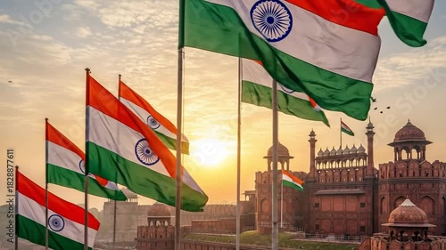 National pride: Indian flags gracefully waving at the iconic Red Fort during sunrise