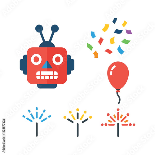 Collection of flat design celebration and party icons including a red robot head, confetti, balloon, and various sparkler illustrations isolated on