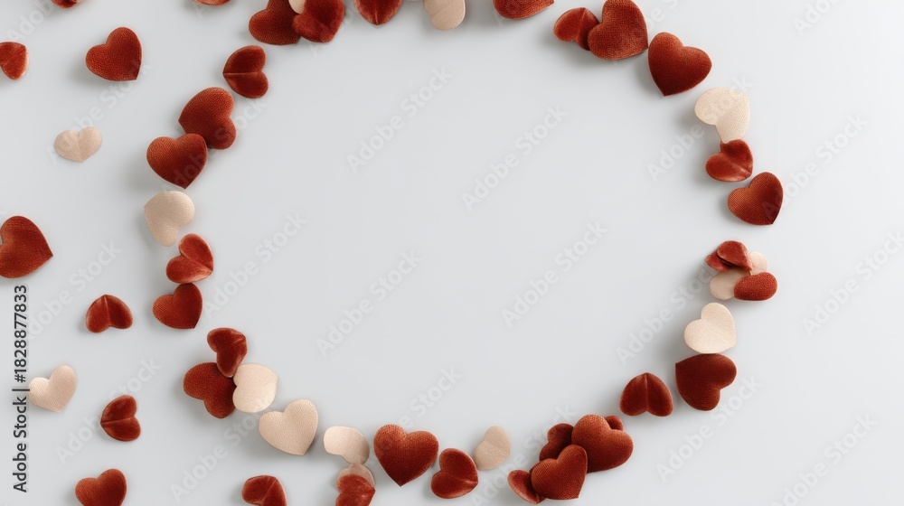Obraz premium Beautiful arrangement of scattered heart-shaped petals on smooth surface for romantic themes, love celebrations, or Valentine's Day decorations and cards.