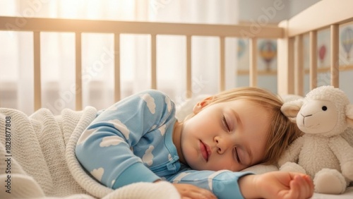 Peaceful slumber: Little child sleeping soundly in a cozy crib with soft lamb toy