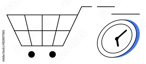Shopping cart and clock representing speed, urgency, and efficiency in shopping. Ideal for fast checkout, e-commerce, delivery time, online retail, urgency, productivity and simplicity themes