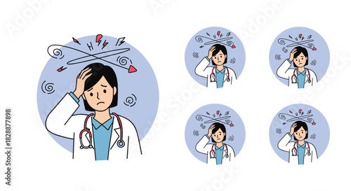 A female doctor appears stressed and overwhelmed, holding her head while surrounded by symbols of confusion and mental pressure, indicating burnout.