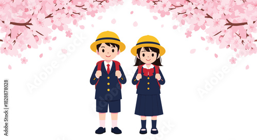 Happy Japanese elementary school boy and girl in uniforms, with yellow hats and red randoseru backpacks, pose under beautiful spring cherry blossoms.