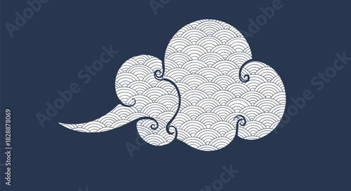 A stylized Japanese cloud with a traditional white seigaiha wave pattern floats against a serene dark blue background, embodying calm and elegant Asian design.