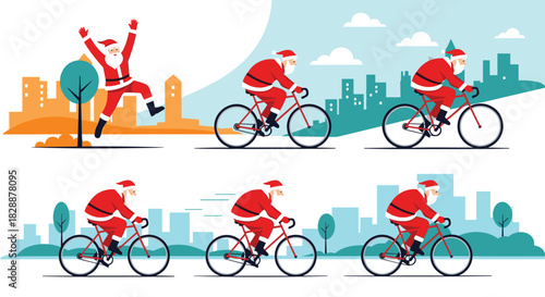 Festive Santa Claus is depicted cycling and joyfully celebrating in a modern city setting, showcasing healthy holiday spirit.
