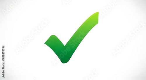 Green Check Mark with Symbol of Approval, Complete, and Success on White Background.