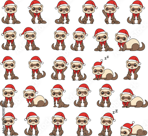 Variety of cute cartoon ferrets in Santa hats with diverse festive actions collection group