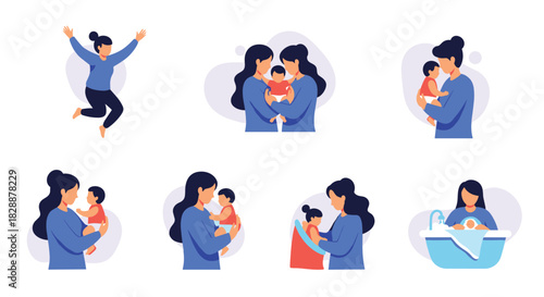Happy mothers, diverse families, and daily childcare routines illustrated, showing women caring for and enjoying time with their babies.