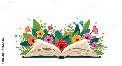 Vibrant floral design emerging from an open book, symbolizing learning, imagination, and the blossoming of ideas.