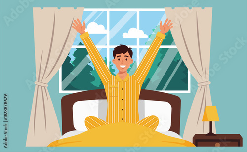 Man stretching in bed after waking up in bright bedroom with window and curtains, feeling refreshed and energetic.