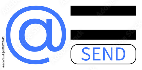 At symbol, black horizontal lines as text, and a Send button represent email communication, messaging, and digital interaction. Ideal for online messaging, networking, communication, email marketing