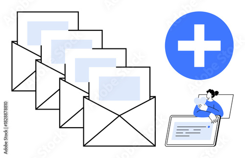 Email management concept. Email icons and a digital tablet highlight seamless email communication. Email simplifies interaction and supports efficient messaging. Perfect for communication, business