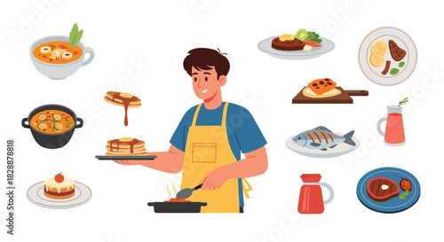 A happy male chef cooks and serves a variety of delicious dishes, including pancakes, soups, steaks, and fish, showcasing culinary skills.