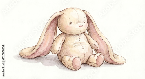 Cute Hand-Drawn Plush Bunny Illustration. Vintage Watercolor Toy Rabbit Sketch with Long Ears Isolated on White Background.