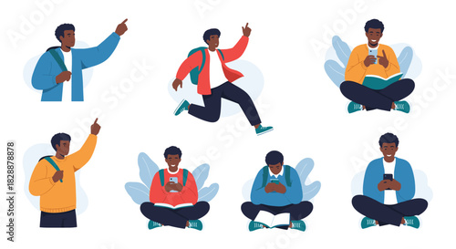 A collection of illustrations featuring a young Black man, portraying various student-life activities such as learning, using technology, and active movement.
