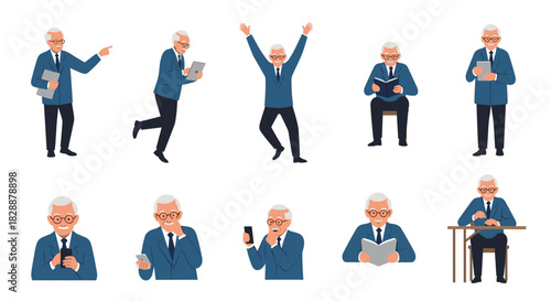 Illustrations of a cheerful senior executive demonstrating a range of business activities, from reading to using technology and celebrating success.