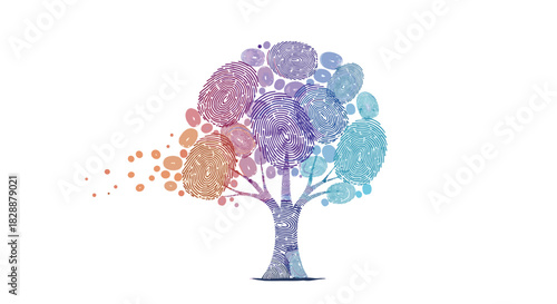 A vibrant tree with leaves and trunk formed by diverse, colorful fingerprints, symbolizing identity, growth, and individuality.