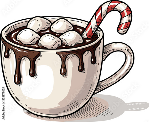 A warm and inviting mug of delicious hot chocolate overflowing with melted marshmallows and a festive candy cane illustration