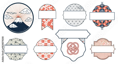 A collection of Japanese traditional emblems and decorative labels, featuring classic motifs like Mount Fuji, cherry blossoms, geometric patterns, and intricate knots.