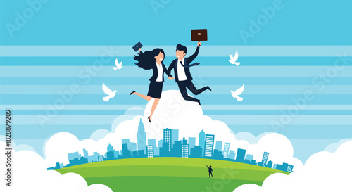 Joyful business partners, holding briefcases, leap high above a bustling city skyline, symbolizing success, freedom, and professional achievement.