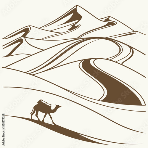 Camel caravan crossing the desert dunes, vector illustration