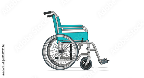 A detailed side view illustration of a modern manual wheelchair with a teal seat and backrest, on a clean white background.