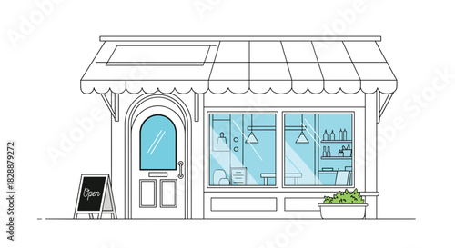 Line art illustration of a charming small shop storefront featuring a striped awning, inviting display windows, an 'Open' sign, and potted plants.