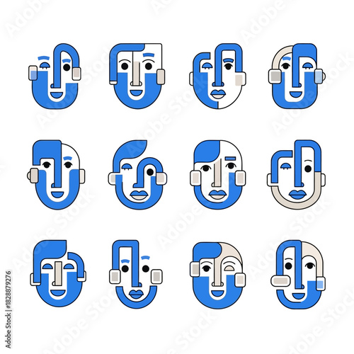 Abstract Faces - A Collection of Stylized Portraits in Blue and White.