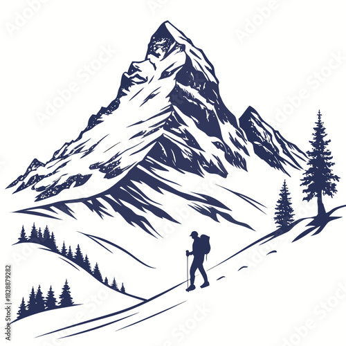 Hiker silhouette climbing a mountain illustration
