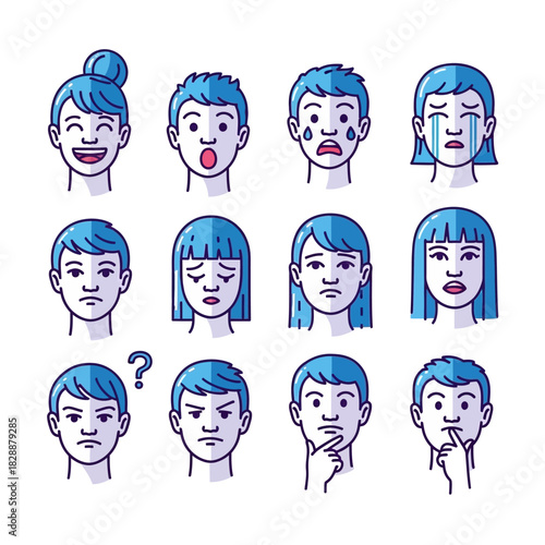 Diverse expressions of human emotions illustrated through various facial features.