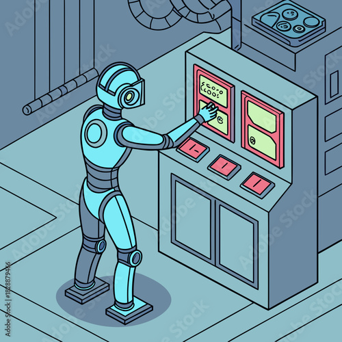 A robot is working at the control panel in a futuristic laboratory