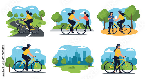 Collection of illustrations featuring women cycling, exercising, and interacting in parks and city settings, promoting an active lifestyle.