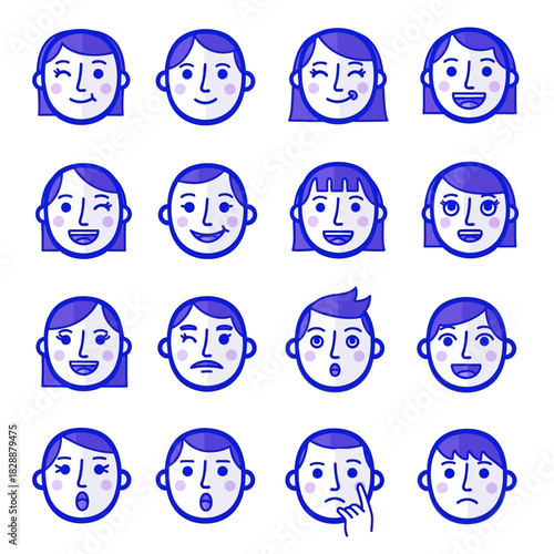Collection of various human face expressions in blue color with outlines.