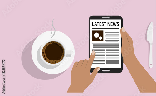 Person reads latest news on smartphone while drinking coffee at breakfast table, enjoying a peaceful and informed start to the day.