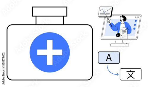 Healthcare concept. Healthcare integration with translation tools and virtual learning. Healthcare advancement in multilingual communication, e-learning, and digital collaboration. For telemedicine