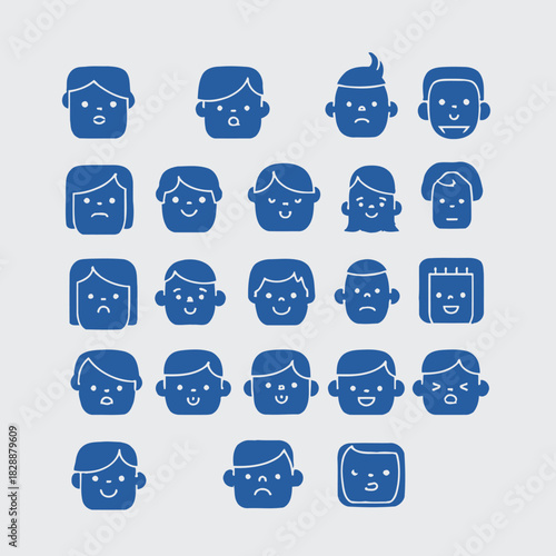 Collection of various blue cartoon faces with different expressions and hairstyles.