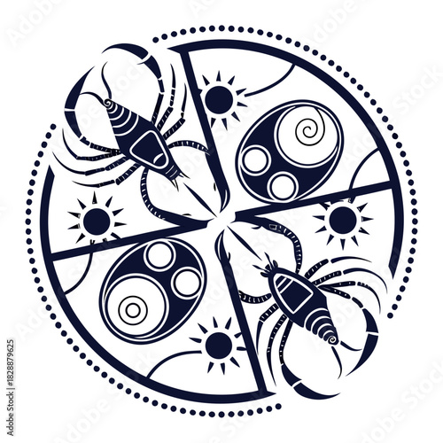 Circular zodiac cancer sign with crab and sun