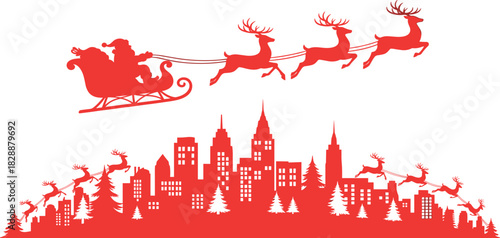 Joyful Christmas eve concept with Santa Claus and his reindeer delivering gifts across a bustling city skyline, a magical winter holiday journey over urban rooftops