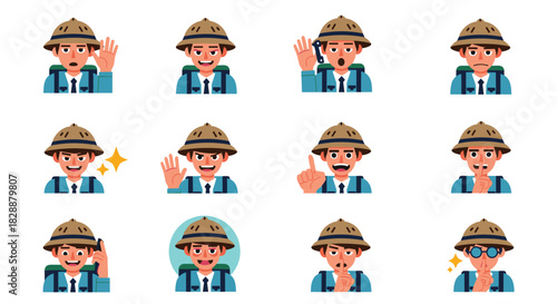 A collection of expressive cartoon explorer character avatars showcasing various emotions and actions.