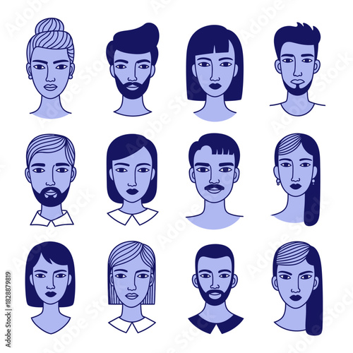 Set of diverse human face avatars in a modern doodle style.