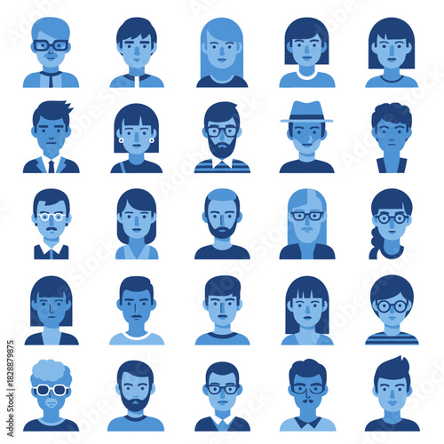 Collection of diverse blue avatars representing various individuals and personalities.