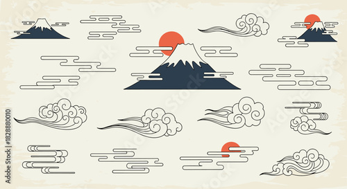 Collection of traditional Japanese design elements featuring iconic Mount Fuji, the red sun, and various stylized cloud patterns.
