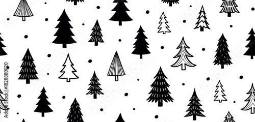 Festive Black and White Christmas Tree Pattern with Snowflakes