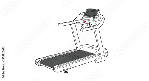 Black and white line art illustration of a modern treadmill with a digital display and safety key, ready for home fitness workouts.
