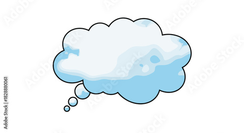 A cartoon thought bubble in shades of blue and white, outlined in black, representing ideas, dreams, or communication.